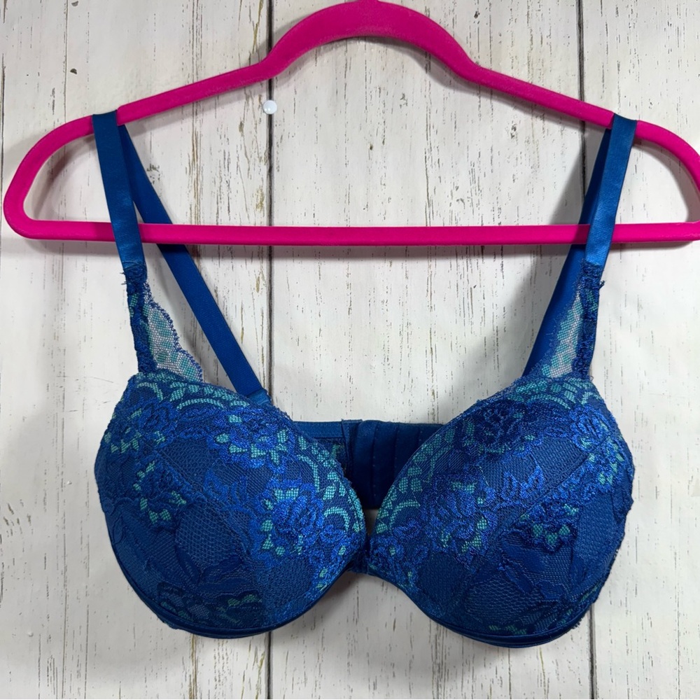 Frederick’s of Hollywood Blue Lace Push Up Bra 34D Underwire Padded - Picture 1 of 12